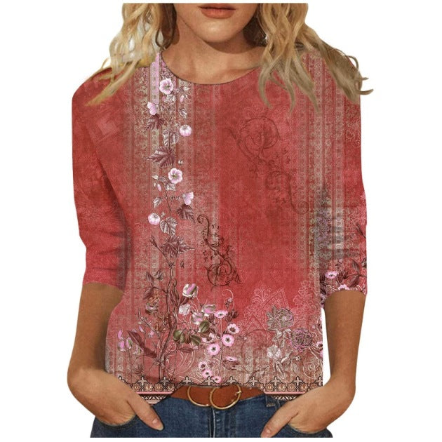 Women's Printed Sleeves Loose Crew Neck Casual Blouses