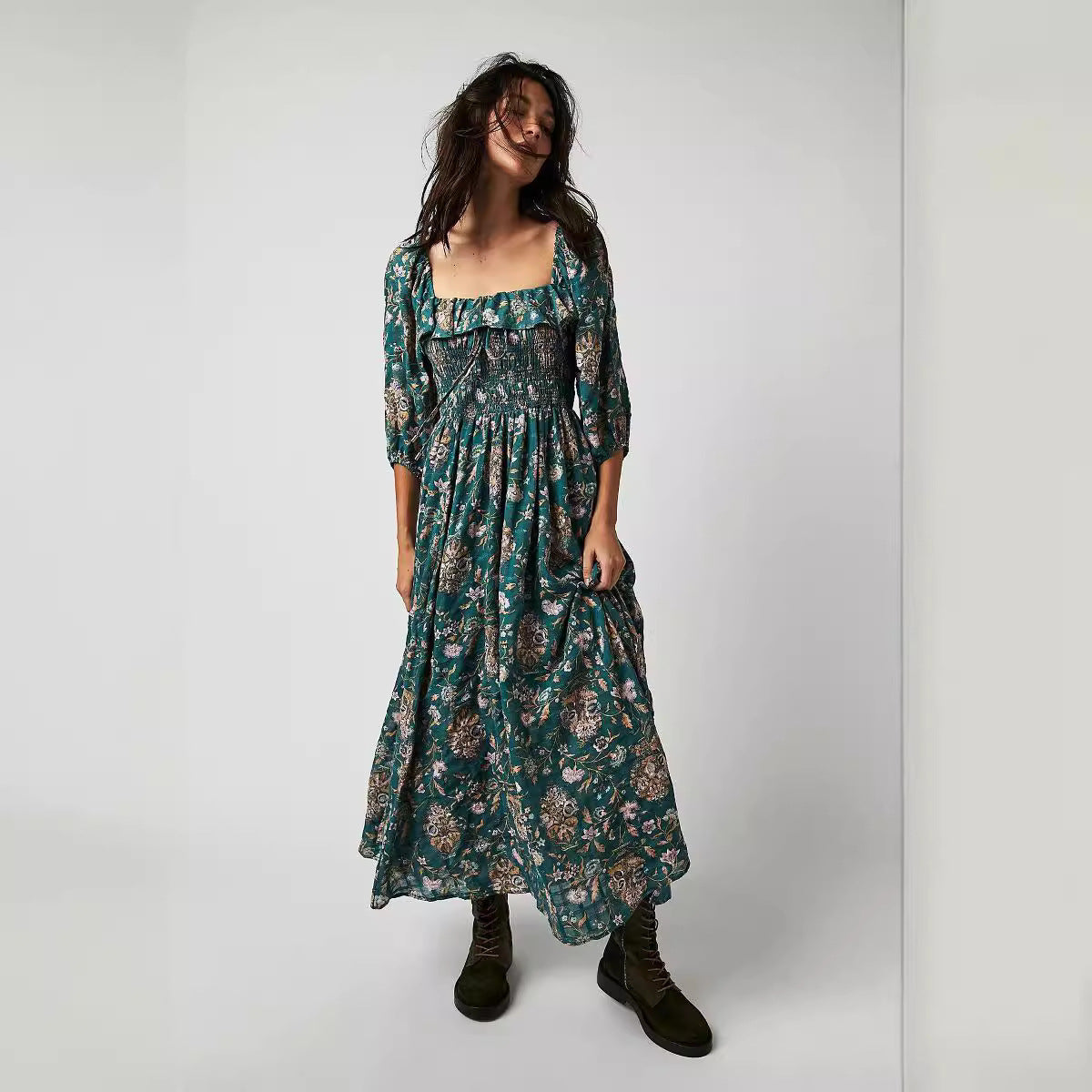 Autumn Exposed Back Ruffled Square Collar Printed Dresses