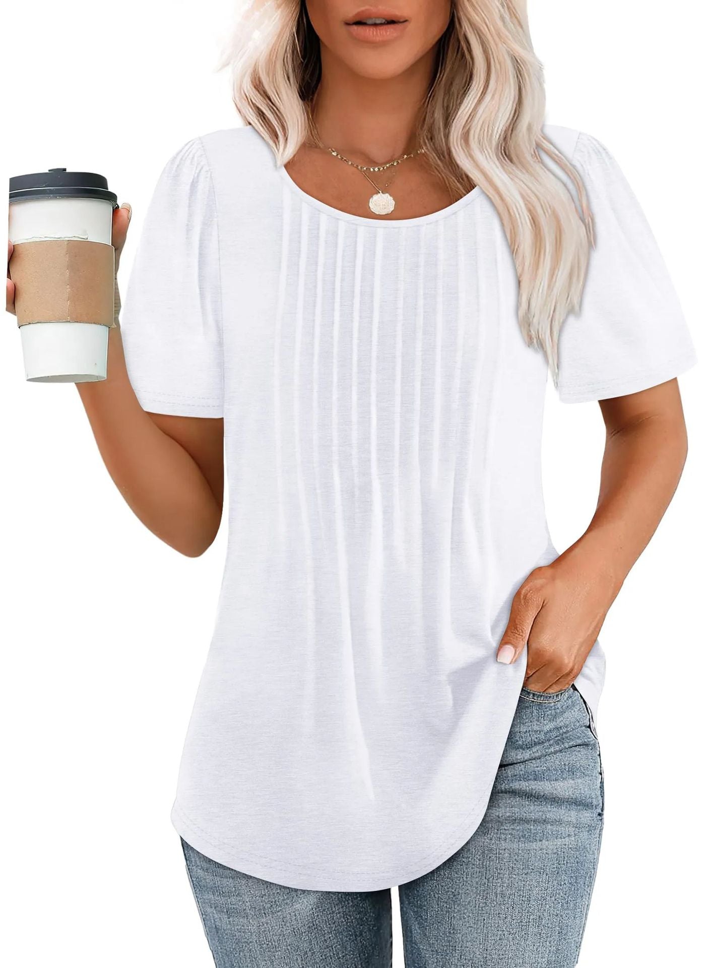 Women's Loose Pleated Round Neck Sleeve T-shirt Stripes Blouses