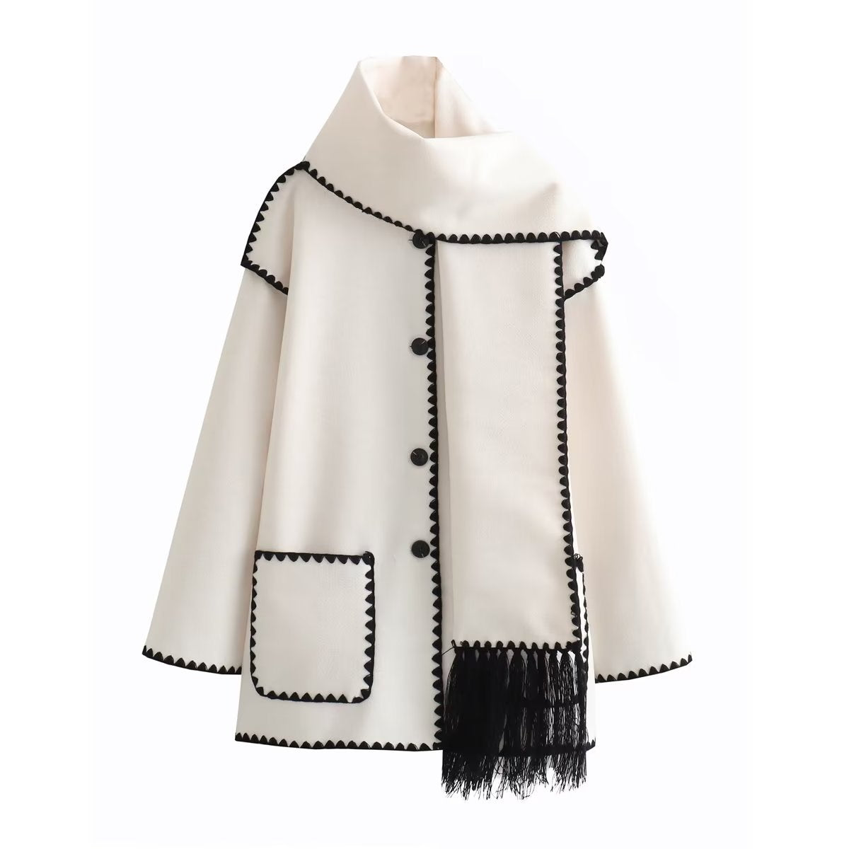 Women's French Fashion Single-breasted Tassel Scarf Stitching Coats