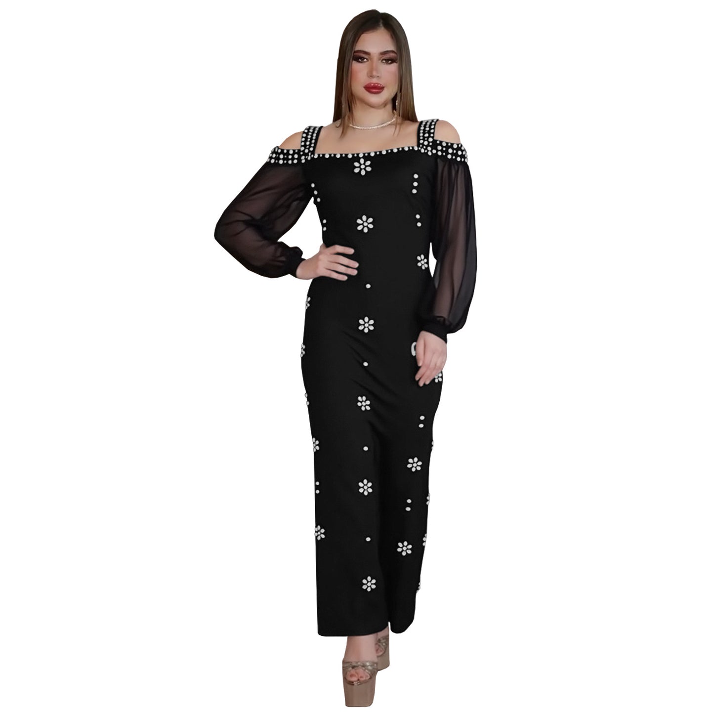 Women's Fashion Wear Elegant Rhinestone Square Collar Mesh Dresses