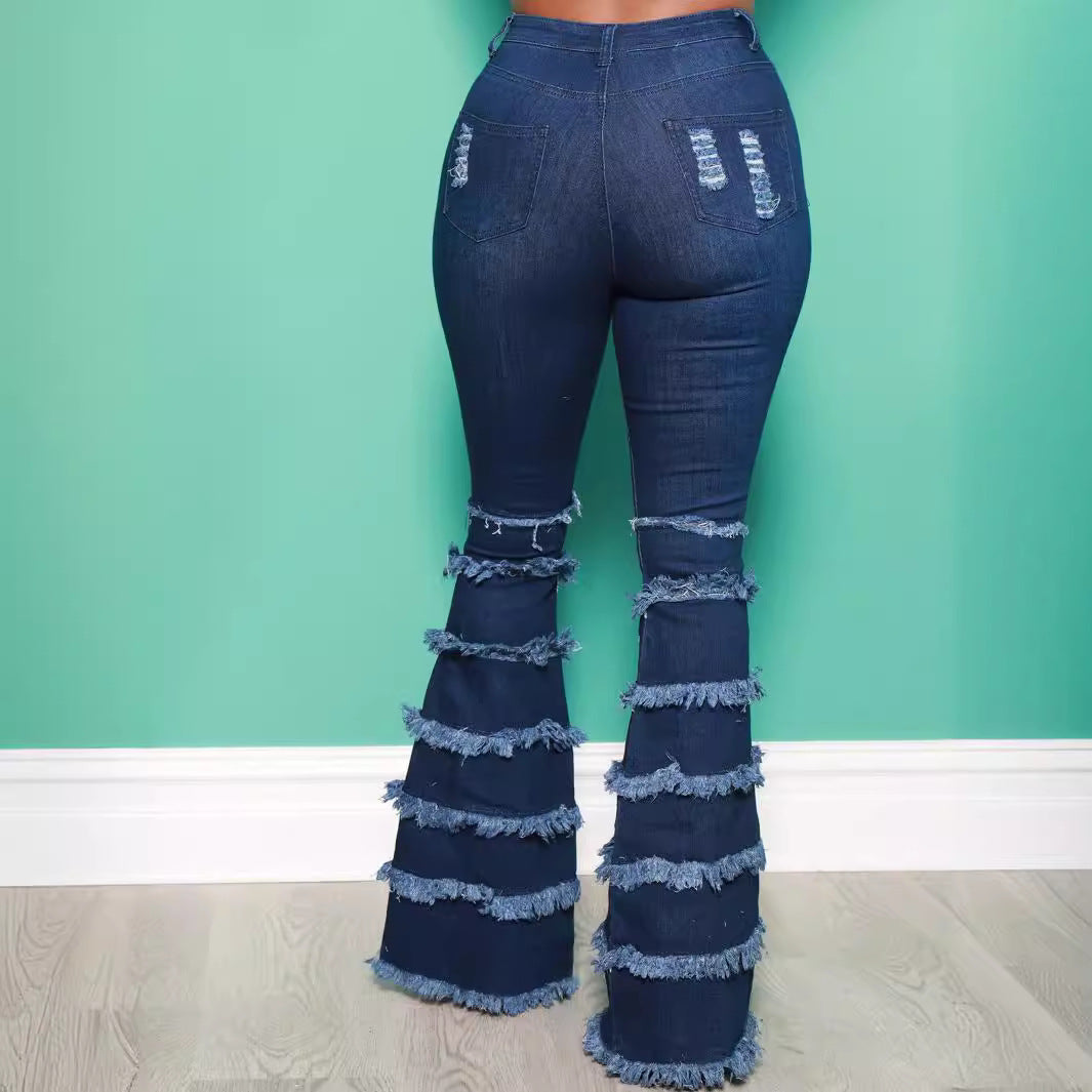 Women's Ripped Patchwork Retro Raw Hem Bell-bottom Jeans