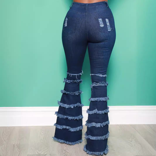 Women's Ripped Patchwork Retro Raw Hem Bell-bottom Jeans