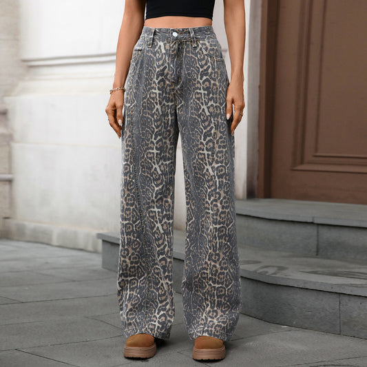 Street Loose Casual Leopard Print American Wide Jeans