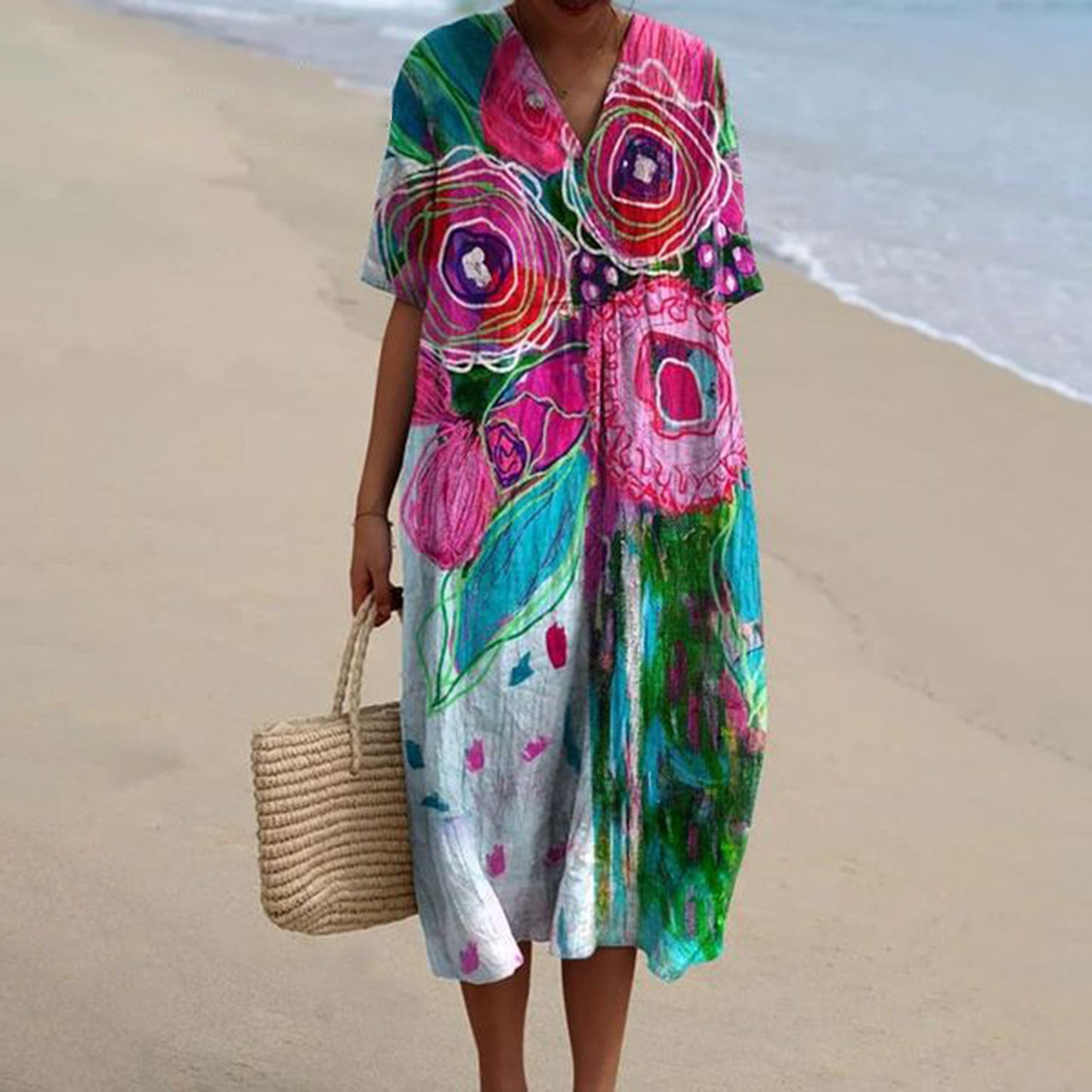 Women's Pocket Sleeve Dress Floral Plant Vacation Dresses