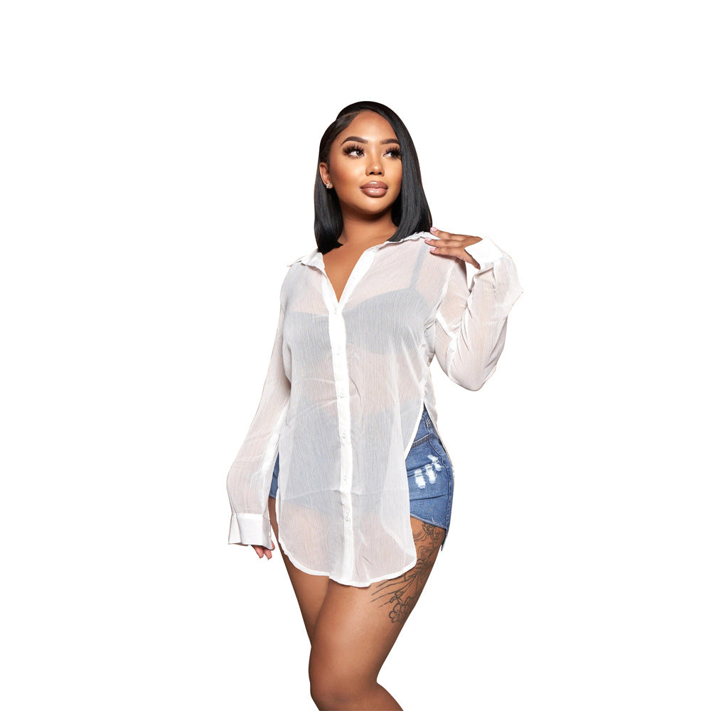Women's Color Long Sleeve Lapel Loose Temperament Split Blouses