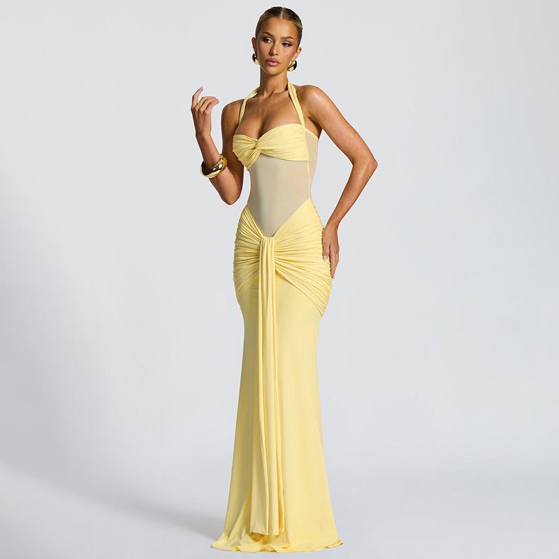 Women's Pure Color Halter Mesh Tight Stitching Dresses