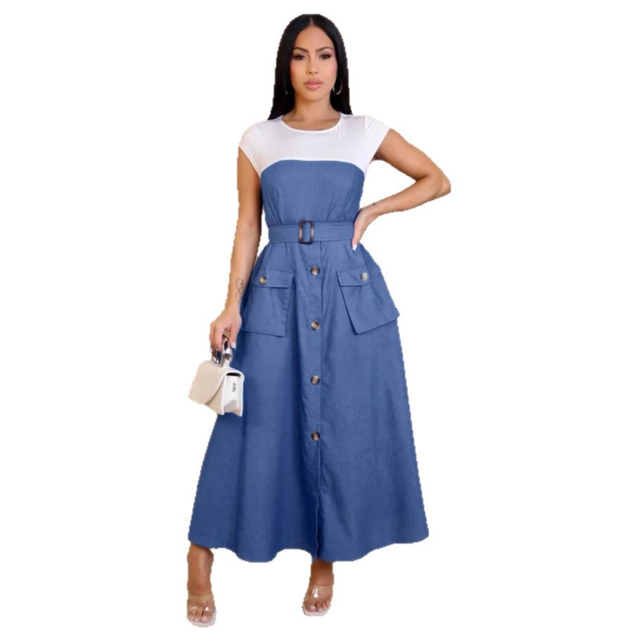 Stitching Contrast Color Overalls Pocket Hemline Dresses