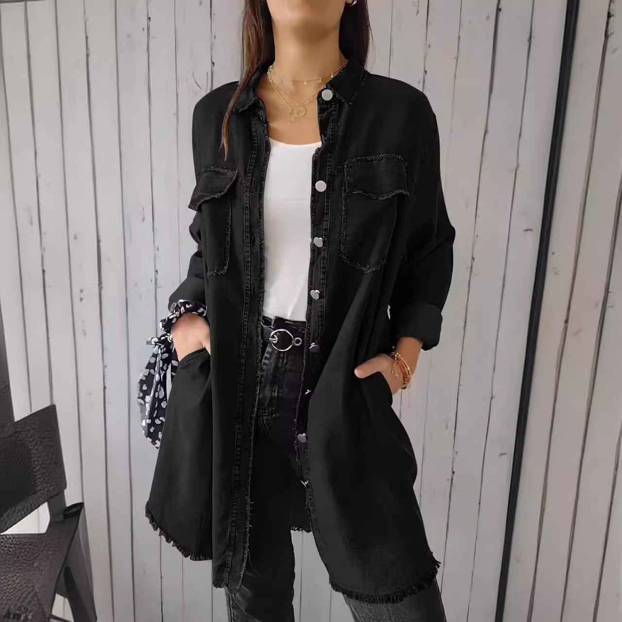 Women's Fashion Polo Collar Solid Color Single-breasted Jackets