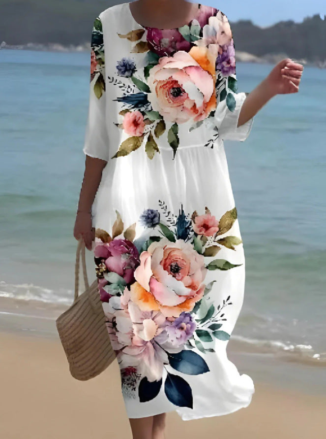 Women's Summer Loose Round Neck Fashion Long-sleeved Dresses