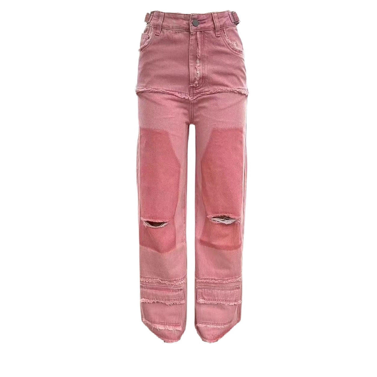 Women's Fashion Ripped Cool Stitching Gradient Pink Jeans