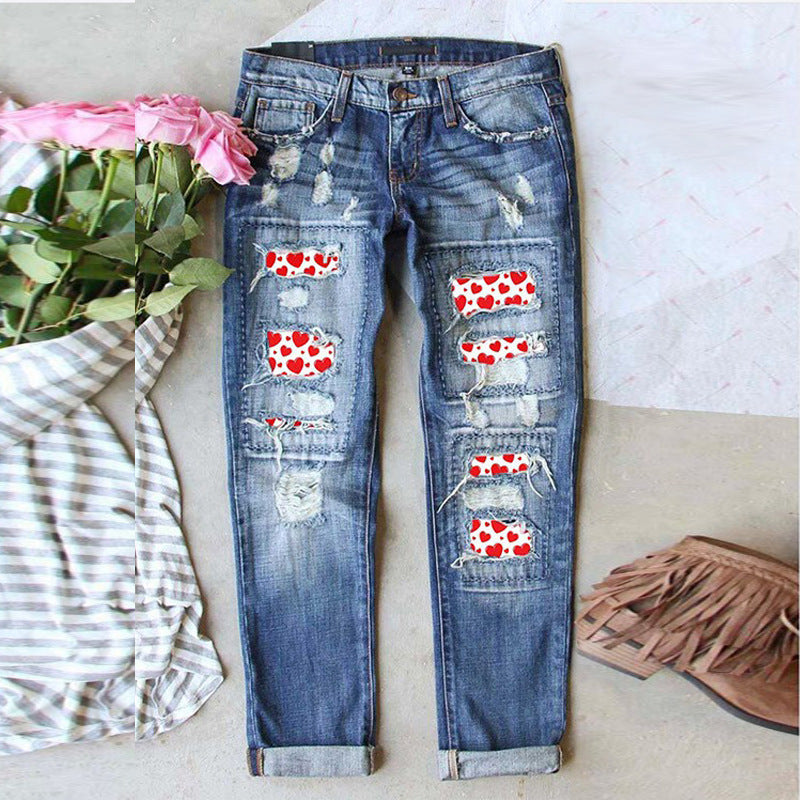 Women's Fashion Red Ripped Plaid Trousers Jeans