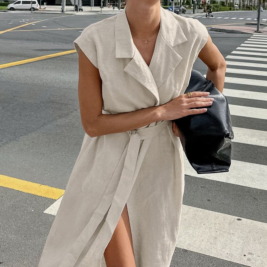 Women's Cotton Linen Dress Summer Khaki Shirt Clothing