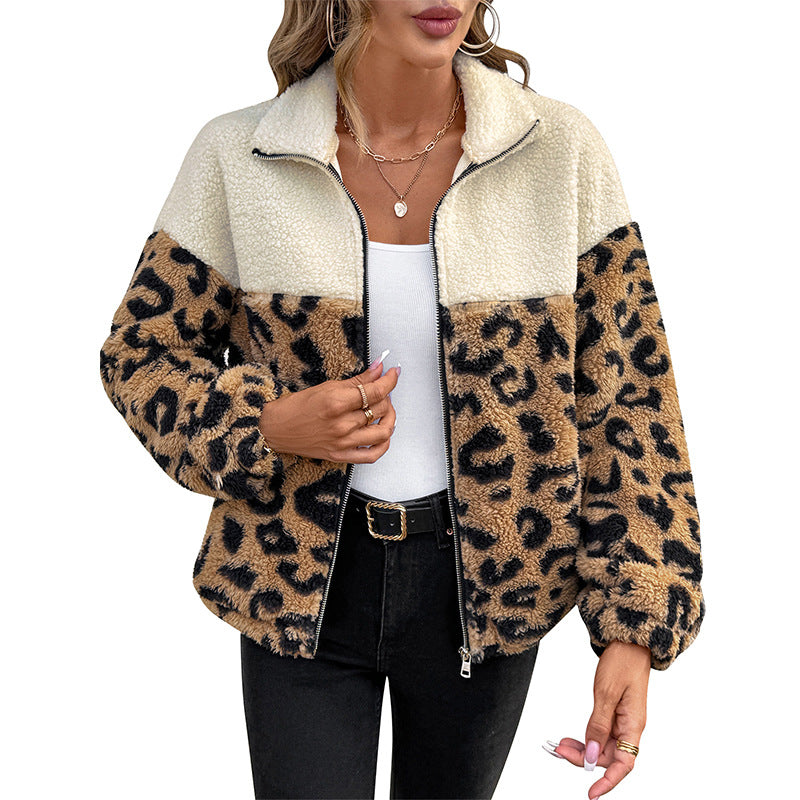 Women's Long-sleeved Leopard Print Wool Warm Polo Jackets