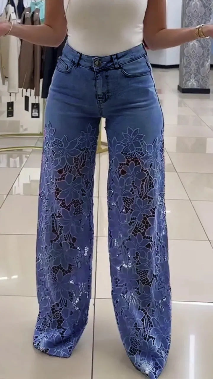 Women's High Waist Fashionable Temperamental Hollow Lace Jeans