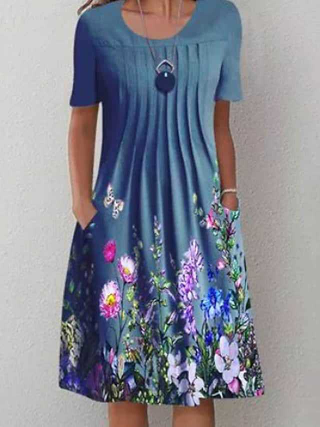 Women's Floral Print Round Neck Pullover Mid-length Dresses
