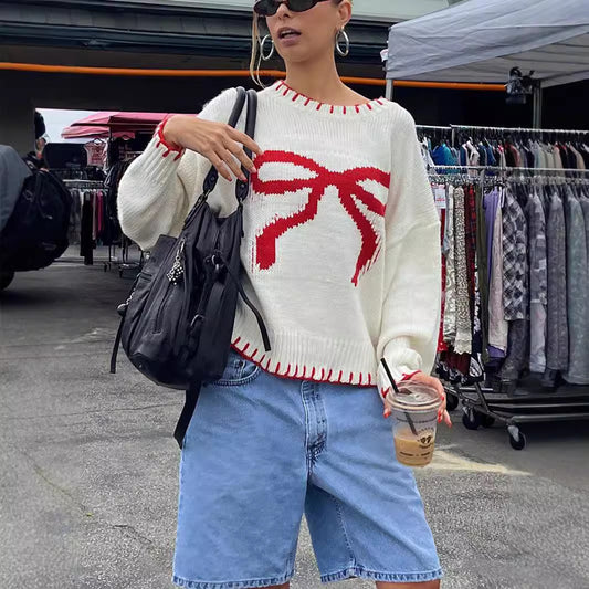 Women's Bow Brocade Idle Style Loose Warm Sweaters