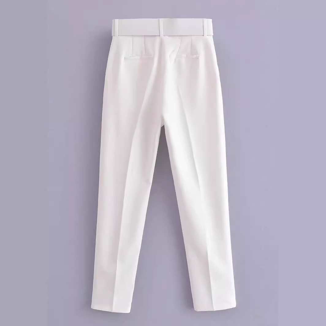 Women's European Belt With Spring Pure White Pants