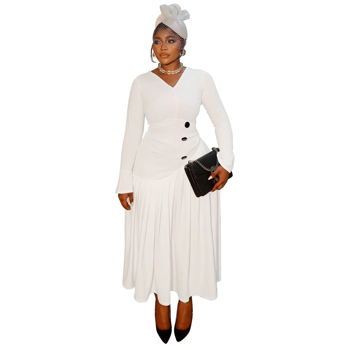 Women's Autumn Waist Trimming Fashion Pleated Long Dresses