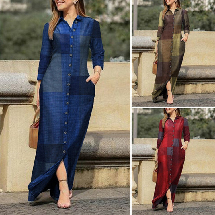 Women's Casual Polo Collar Robe Long Floral Dresses