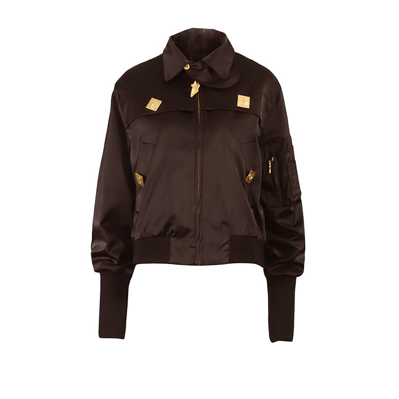 Women's Metal Stitching Decorations Long Sleeve Stand Collar Jackets