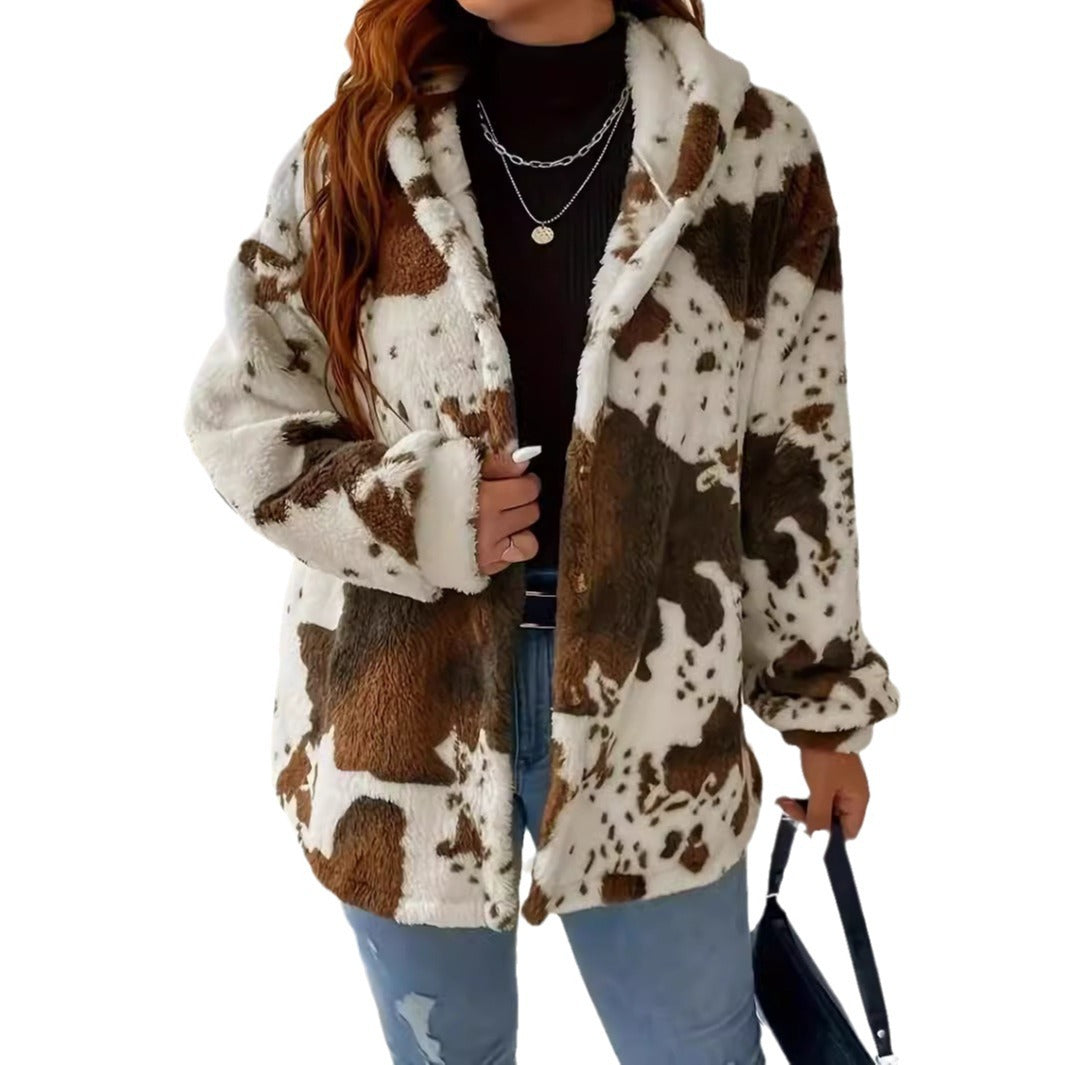 Women's Casual Fashion Plush Cow Print Zipper Sweaters