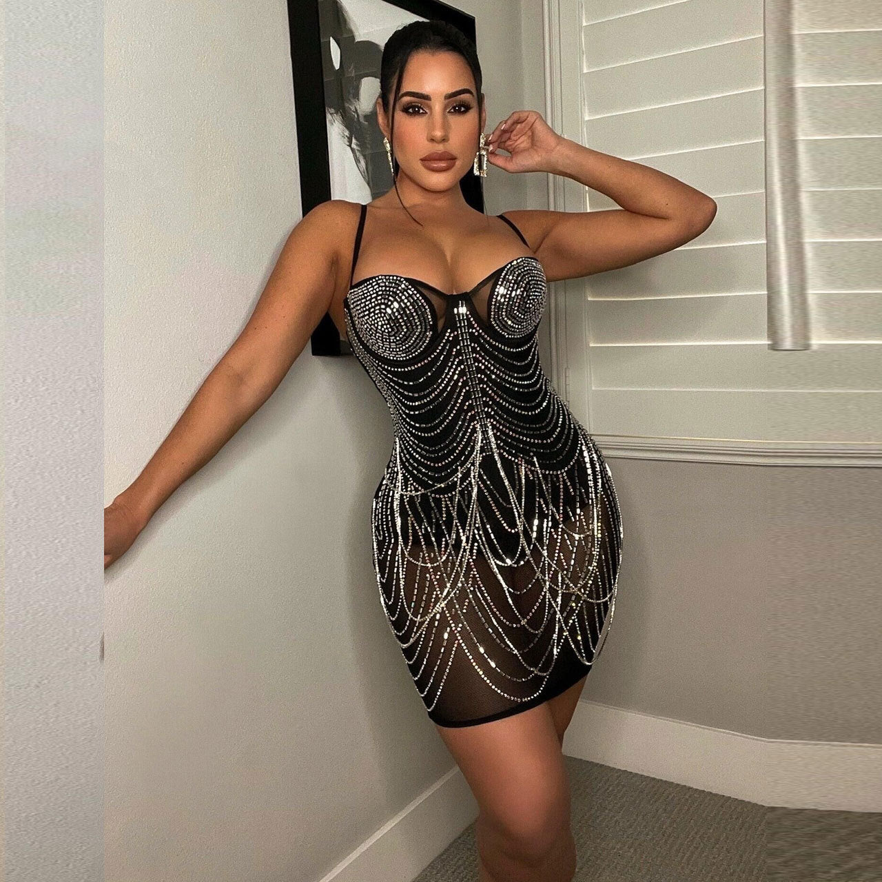 Sexy Slim Fit Rhinestone Tassel Dress Dresses