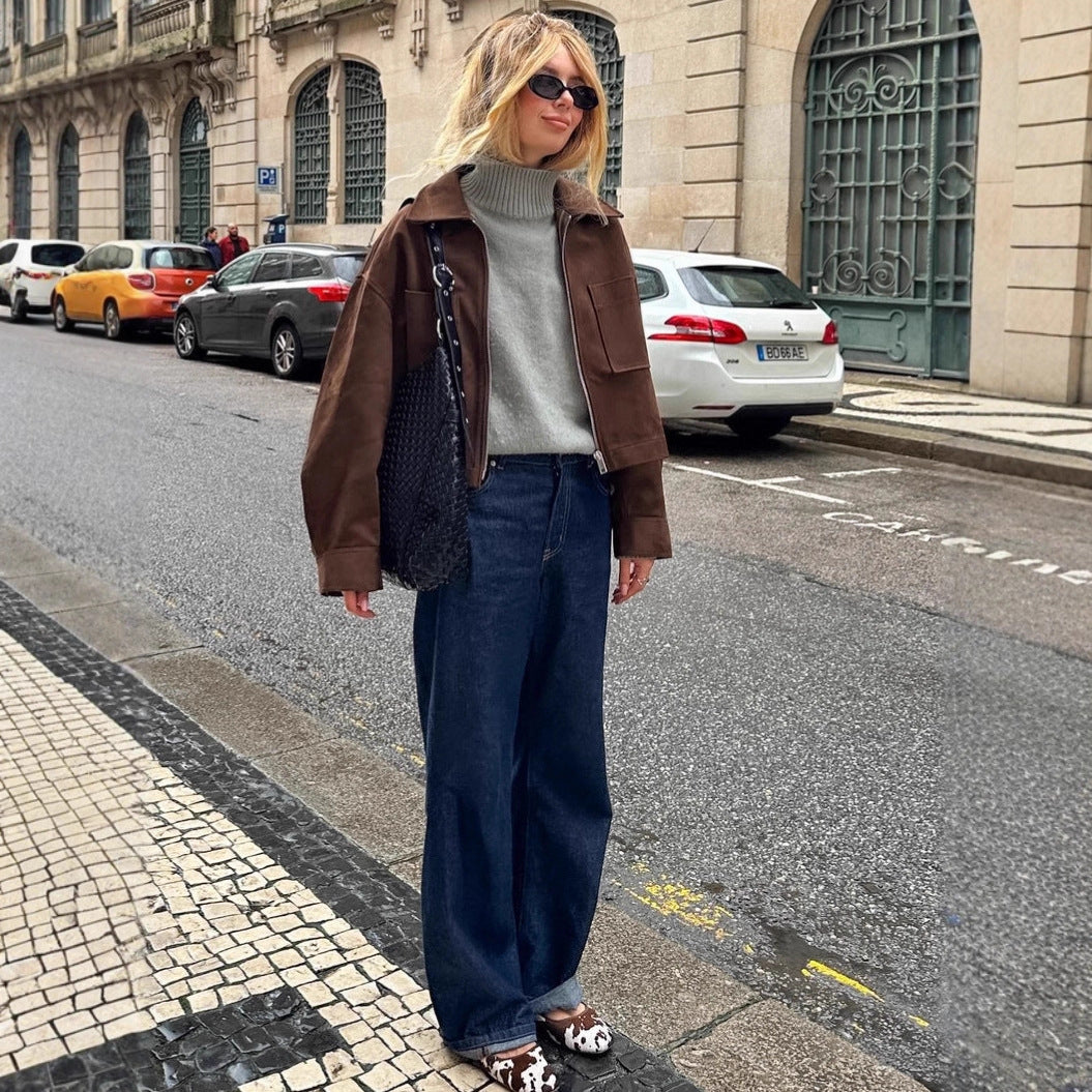 Women's Long Sleeve Suede Brown Small Zipper Blazers