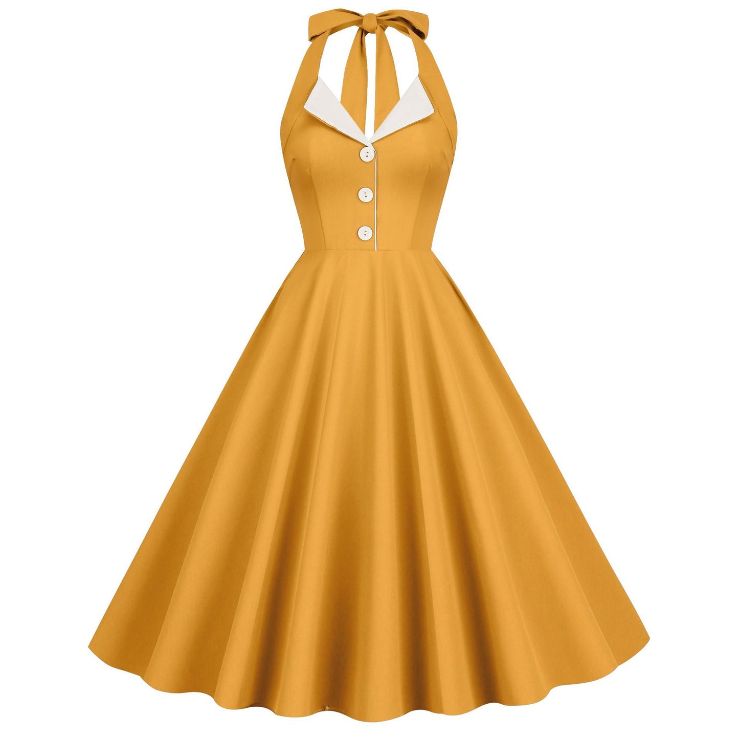 Style Contrast Color Retro Lapel Backless Halter Dress Dresses