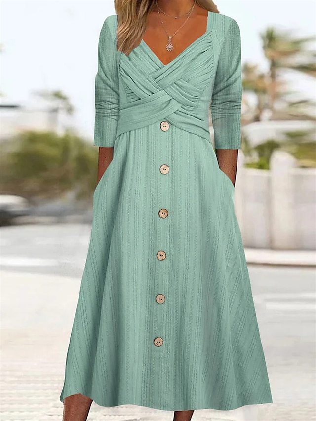 Women's Color Long Sleeve Cross Button Casual Dresses