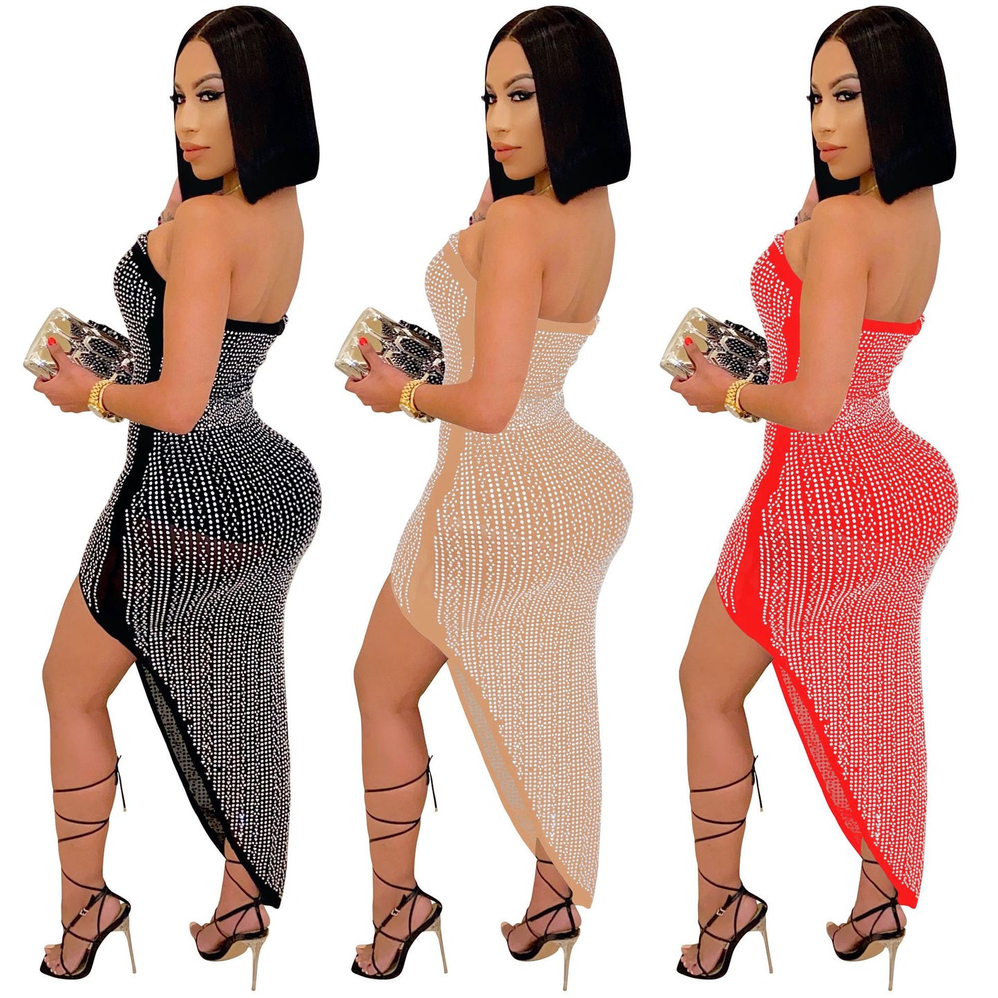 Women's Gown Rhinestone Mesh Wrapped Chest Irregular Dresses