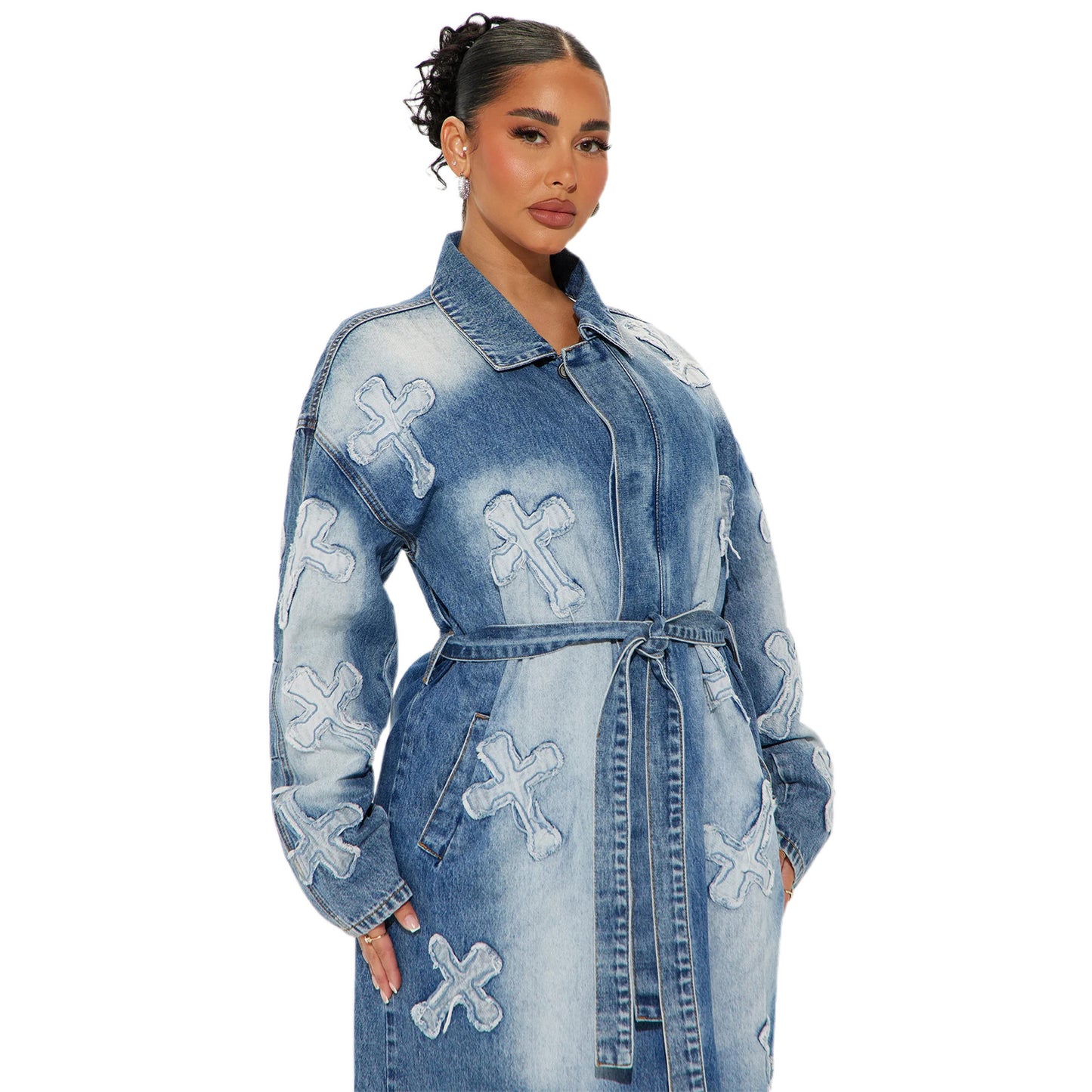 Women's Denim Street Fashion Cross Embroidered Long Jackets