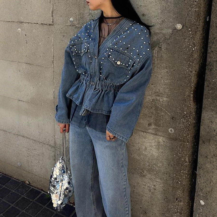 Women's Russian Diamond Beaded Loose Denim Long-sleeved Jackets