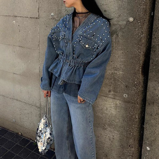 Women's Russian Diamond Beaded Loose Denim Long-sleeved Jackets