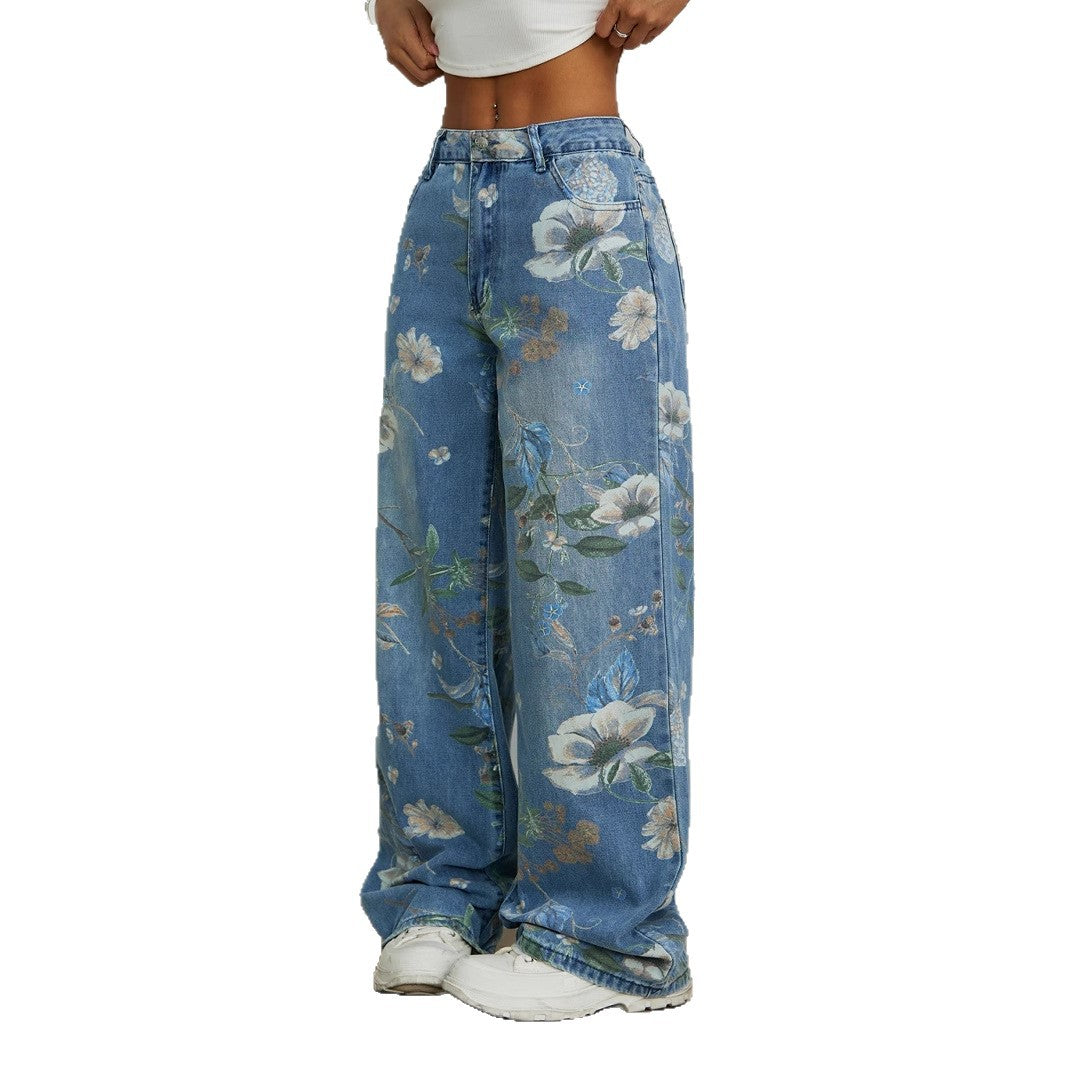 Street Fashion Loose Straight Printed Denim Jeans