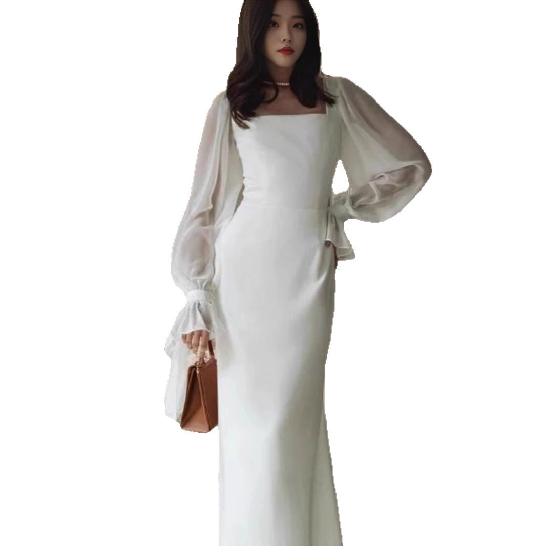 Style Temperament Square Collar Stitching Mesh Micro Transparent Dresses