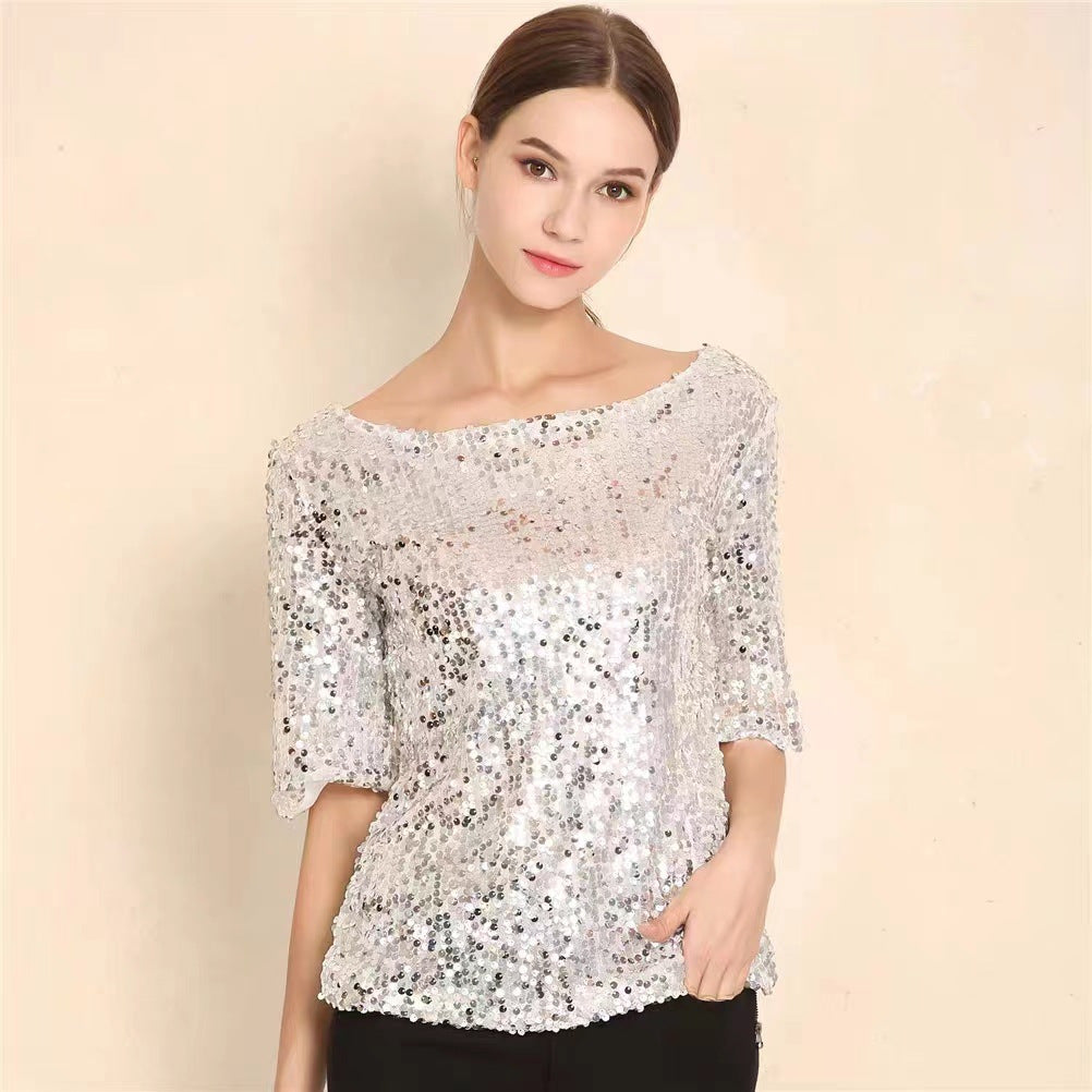Women's Summer Sleeve Solid Color Sequin Sequined T-shirt Knitwear