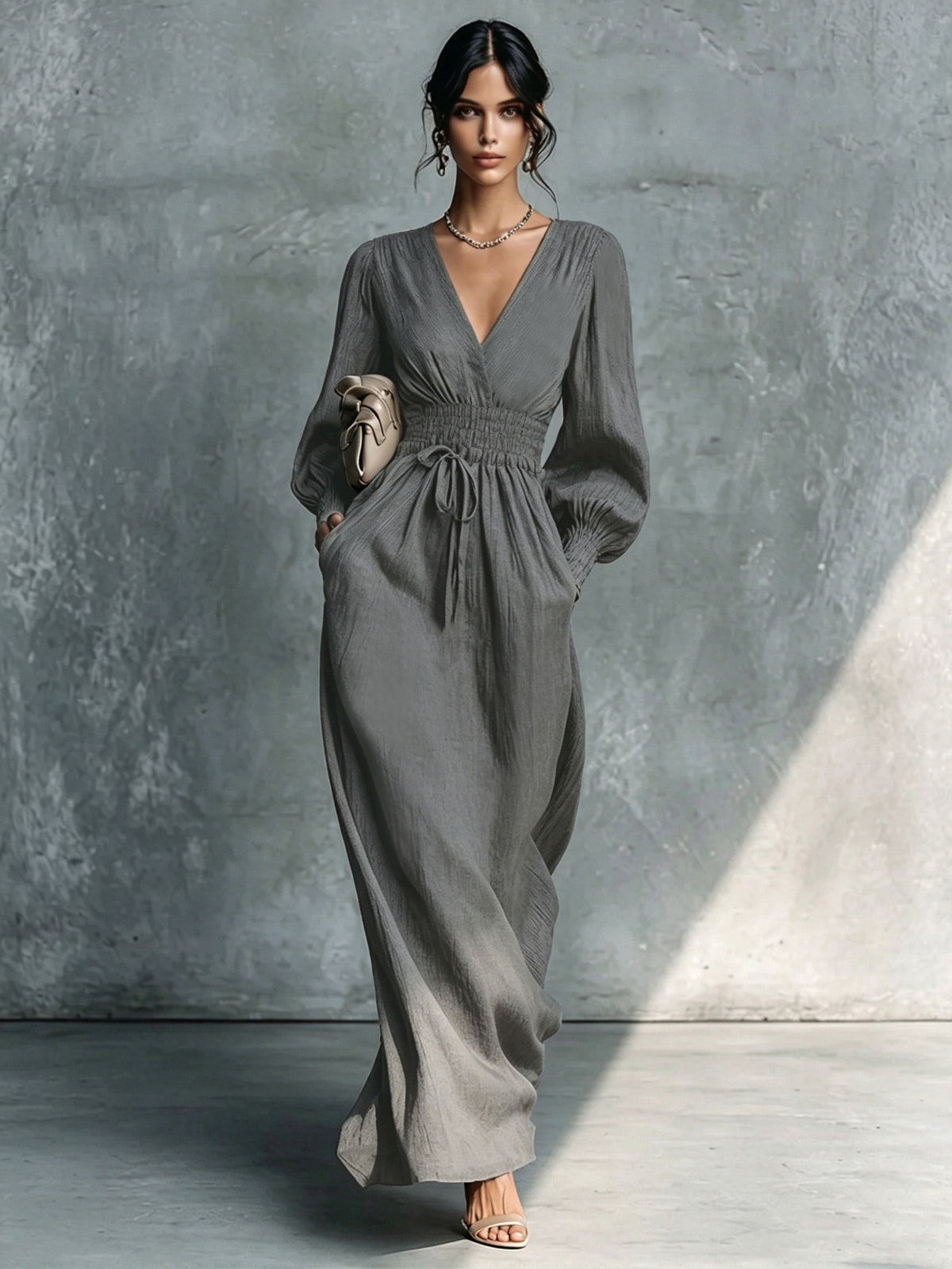 Women's Elegant Waist Long-sleeved Slimming French A- Line Dress
