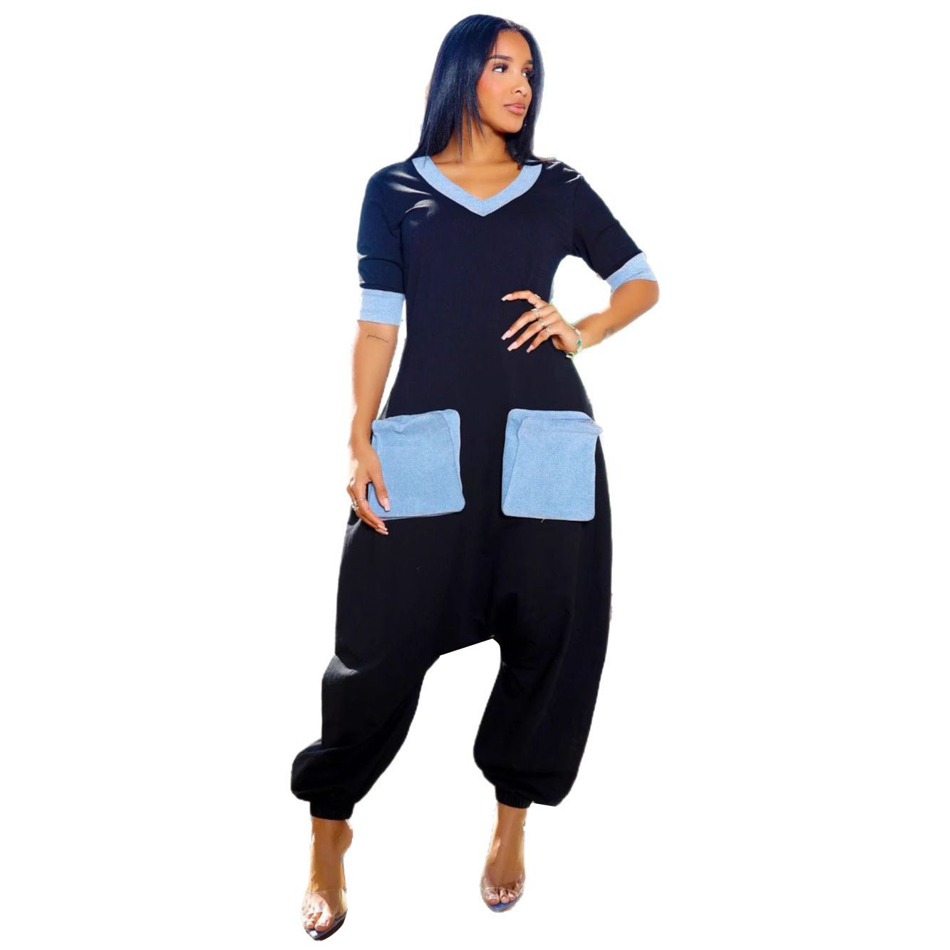 Commute Denim Stitching Contrast Color Loose Jumpsuits