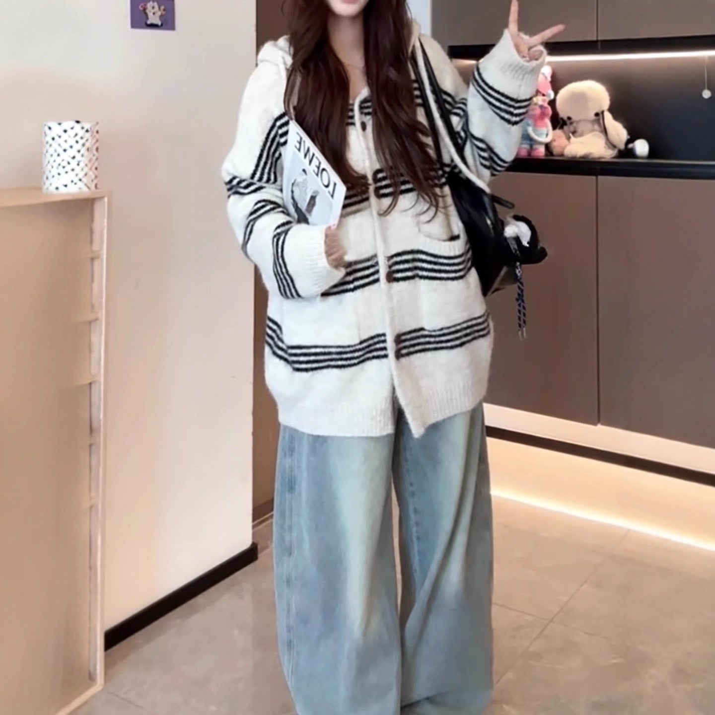 Women's Idle Style Mixed Color Stripe Hooded Long Sweater