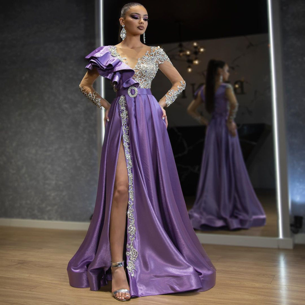 Women's Spring Dress Satin Gold Purple Sequins Dresses