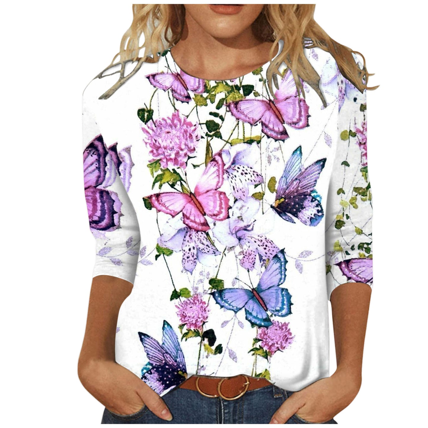 Women's Round Neck Long Sleeve Loose Print Blouses