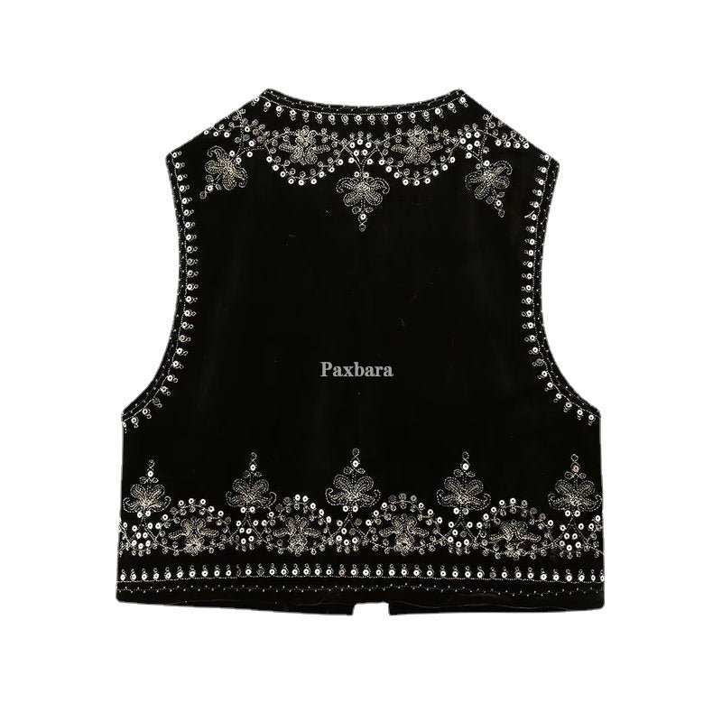 Women's Retro Fashion Casual Embroidered Veet Vests