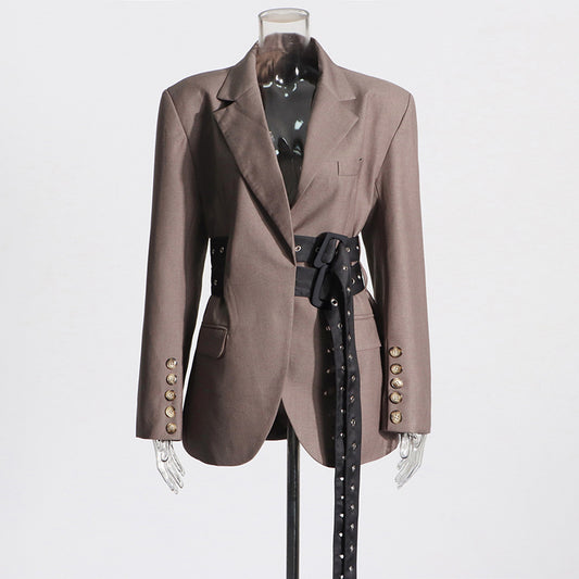Women's Australian Show Unique Design Stitching Tied Waist Blazers