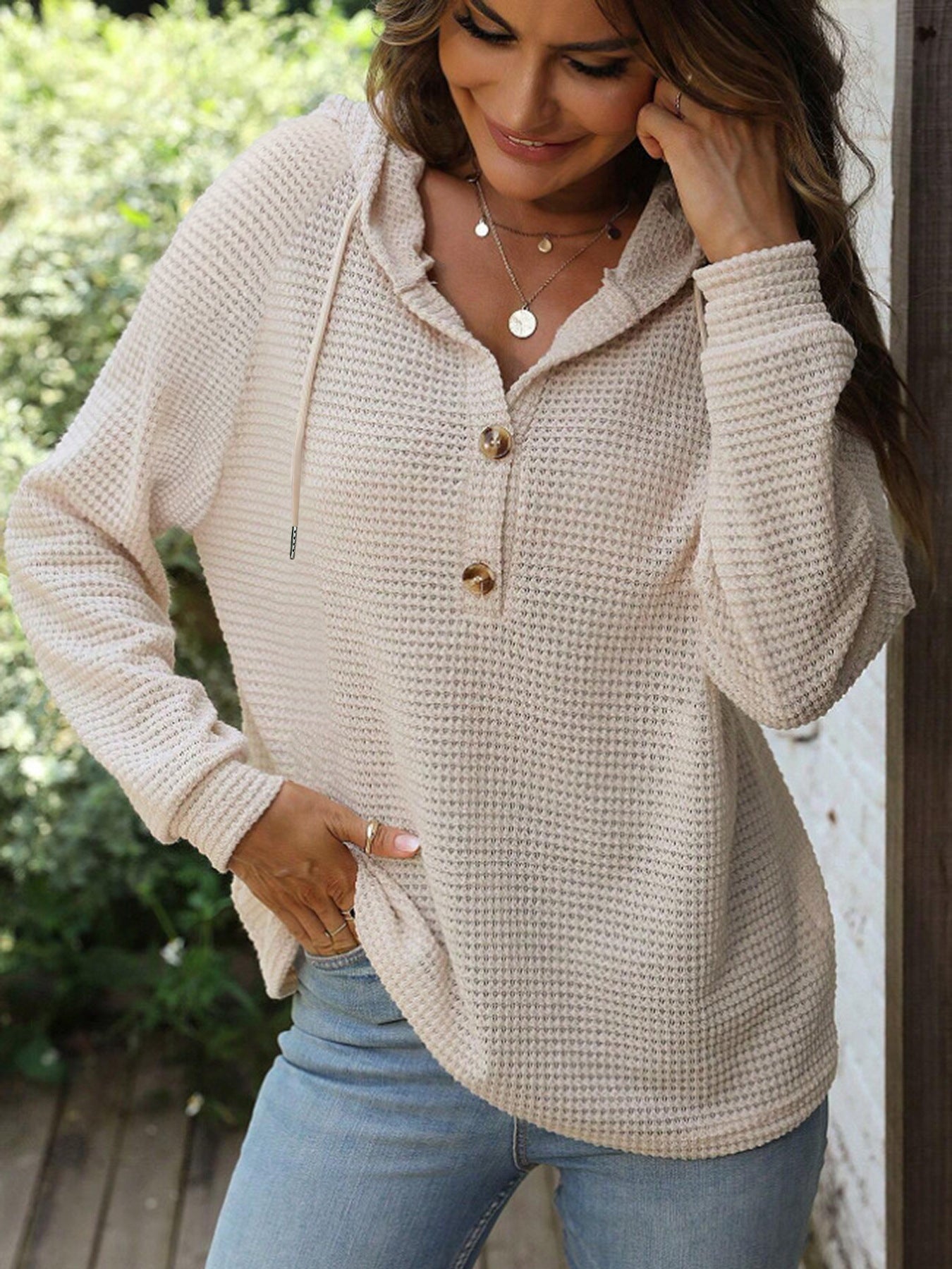 Women's Solid Color Long-sleeved Hooded Button For Women's Sweater, Sweater