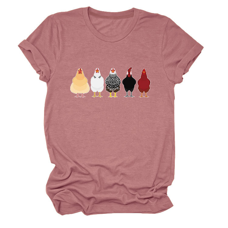 Women's Fun Chicken Round Neck Sleeve T-shirt Blouses