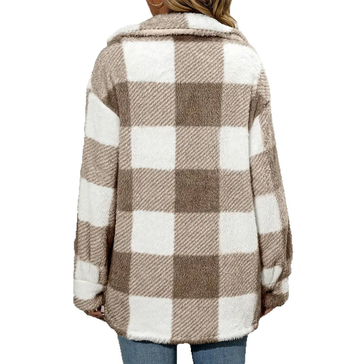 Women's Button Lapel Plush Plaid Loose Casual Coats