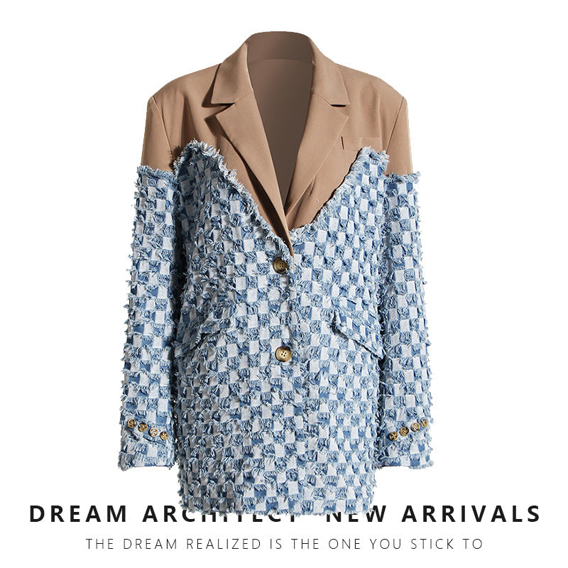 Contrast Patchwork Plaid Washed Worn Frayed Blazers
