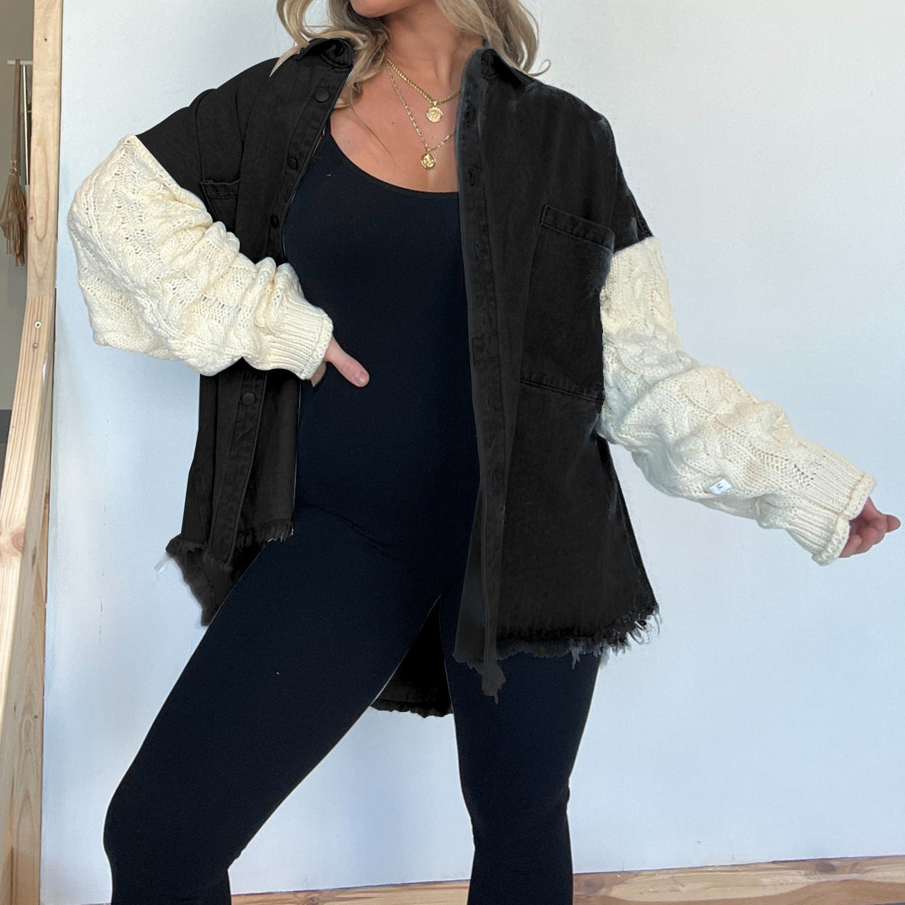 Women's Loose Stitching Sleeve Denim Woolen Jackets