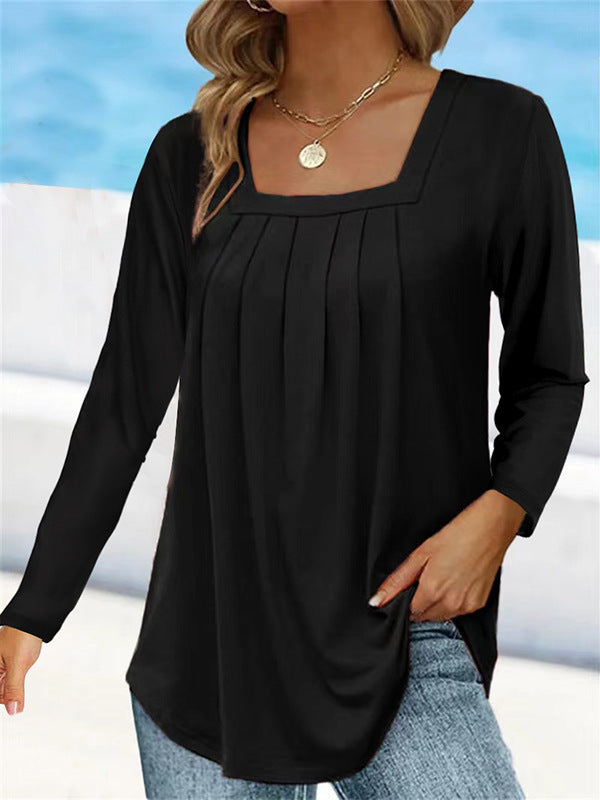 Women's Pleated Square Collar Long Sleeve Imitation Blouses